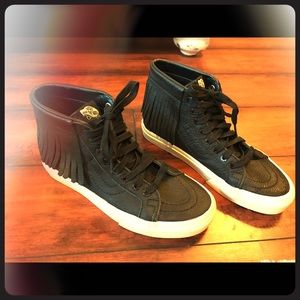 Black leather Vans with fringe